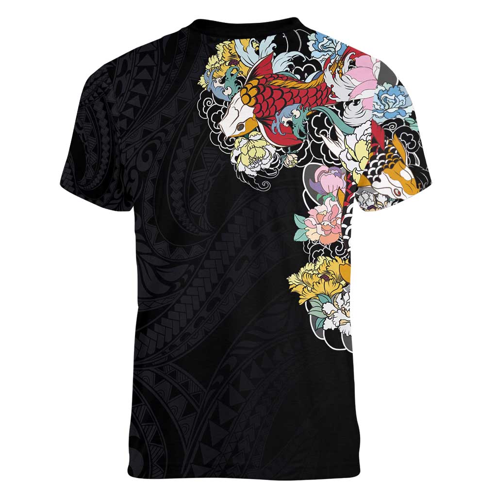 Hawaiian and Japanese Together Women V-Neck T-Shirt Colorful Traditional Japanese Tattoo and Kakau Pattern Black Color LT03 - Polynesian Pride