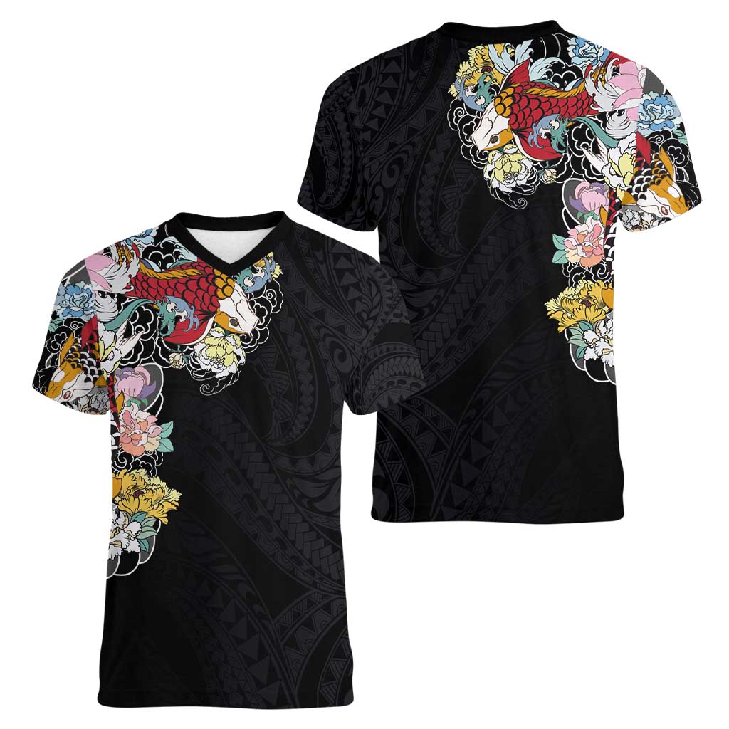 Hawaiian and Japanese Together Women V-Neck T-Shirt Colorful Traditional Japanese Tattoo and Kakau Pattern Black Color LT03 - Polynesian Pride
