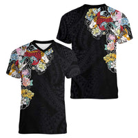 Hawaiian and Japanese Together Women V-Neck T-Shirt Colorful Traditional Japanese Tattoo and Kakau Pattern Black Color LT03 - Polynesian Pride