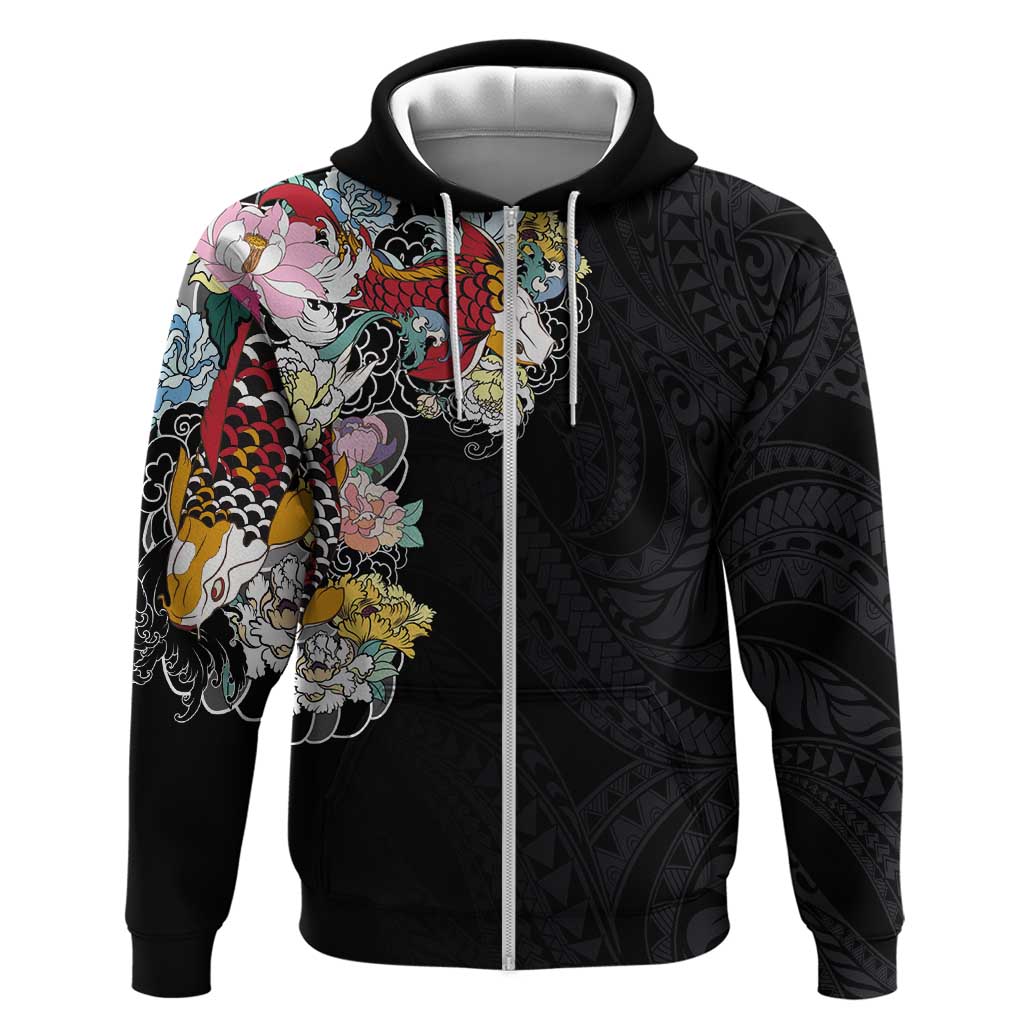 Hawaiian and Japanese Together Zip Hoodie Colorful Traditional Japanese Tattoo and Kakau Pattern Black Color LT03 Zip Hoodie Black - Polynesian Pride