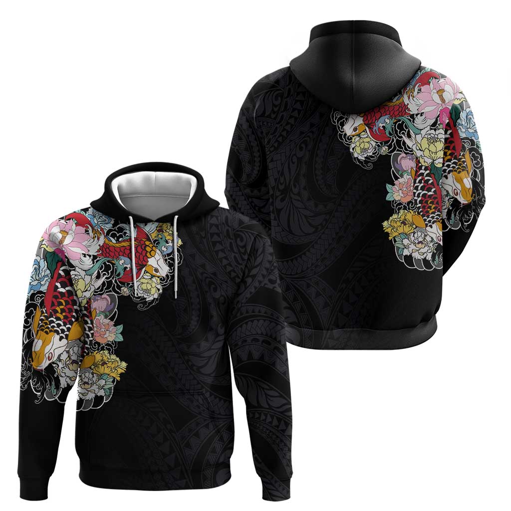 Hawaiian and Japanese Together Zip Hoodie Colorful Traditional Japanese Tattoo and Kakau Pattern Black Color LT03 - Polynesian Pride