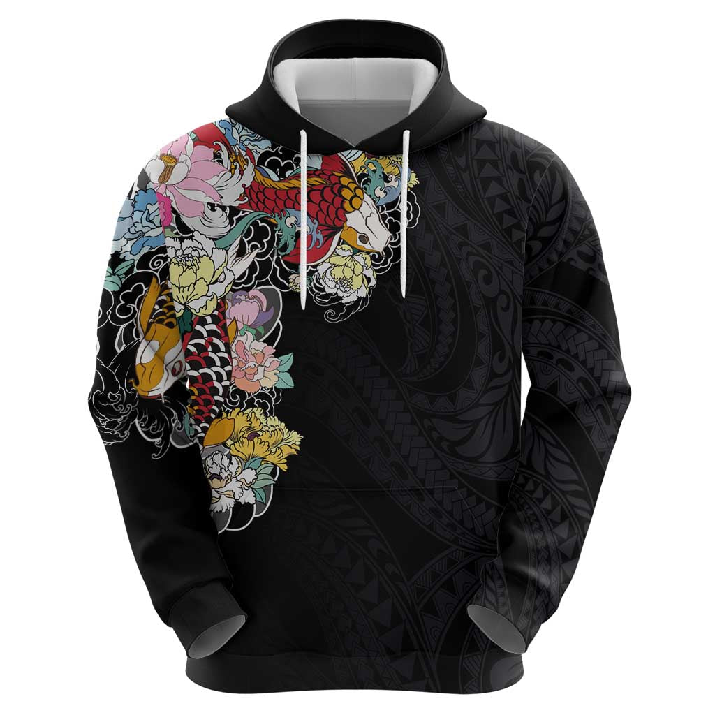 Hawaiian and Japanese Together Zip Hoodie Colorful Traditional Japanese Tattoo and Kakau Pattern Black Color LT03 - Polynesian Pride