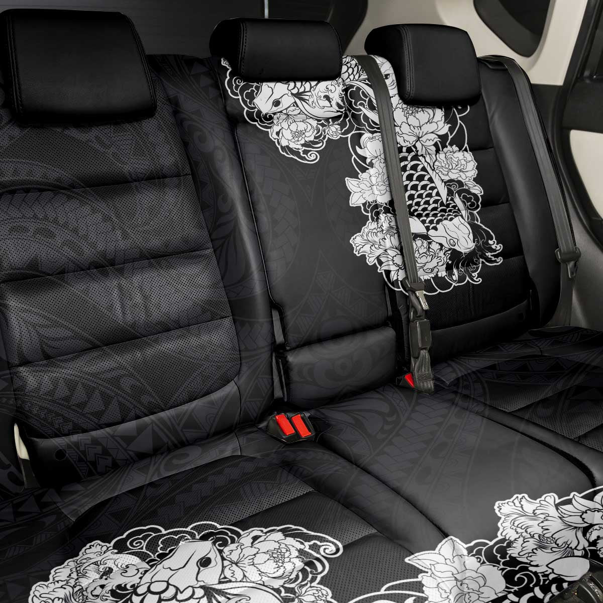 Hawaiian and Japanese Together Back Car Seat Cover Japanese Koi Fish Tattoo and Kakau Pattern Black Color LT03 - Polynesian Pride