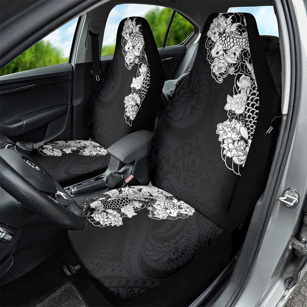 Hawaiian and Japanese Together Car Seat Cover Japanese Koi Fish Tattoo and Kakau Pattern Black Color LT03 - Polynesian Pride