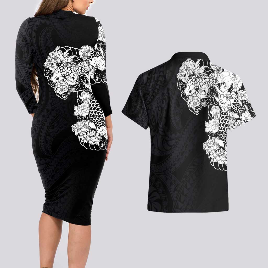 Hawaiian and Japanese Together Couples Matching Long Sleeve Bodycon Dress and Hawaiian Shirt Japanese Koi Fish Tattoo and Kakau Pattern Black Color LT03 - Polynesian Pride