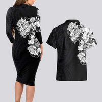 Hawaiian and Japanese Together Couples Matching Long Sleeve Bodycon Dress and Hawaiian Shirt Japanese Koi Fish Tattoo and Kakau Pattern Black Color LT03 - Polynesian Pride