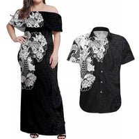 Hawaiian and Japanese Together Couples Matching Off Shoulder Maxi Dress and Hawaiian Shirt Japanese Koi Fish Tattoo and Kakau Pattern Black Color LT03 Black - Polynesian Pride