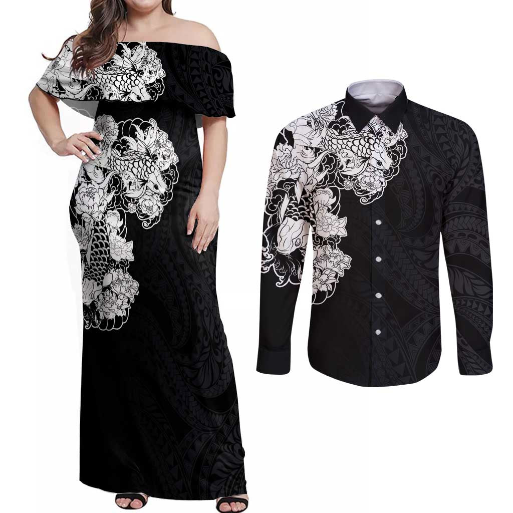 Hawaiian and Japanese Together Couples Matching Off Shoulder Maxi Dress and Long Sleeve Button Shirt Japanese Koi Fish Tattoo and Kakau Pattern Black Color