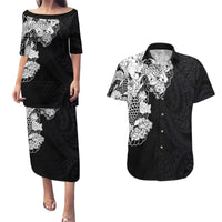 Hawaiian and Japanese Together Couples Matching Puletasi and Hawaiian Shirt Japanese Koi Fish Tattoo and Kakau Pattern Black Color LT03 Black - Polynesian Pride