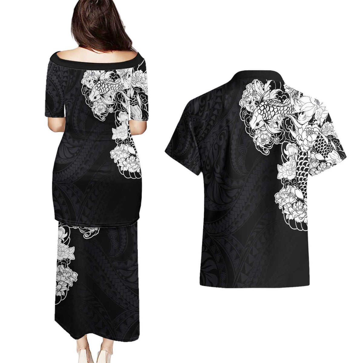 Hawaiian and Japanese Together Couples Matching Puletasi and Hawaiian Shirt Japanese Koi Fish Tattoo and Kakau Pattern Black Color LT03 - Polynesian Pride