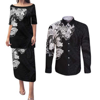 Hawaiian and Japanese Together Couples Matching Puletasi and Long Sleeve Button Shirt Japanese Koi Fish Tattoo and Kakau Pattern Black Color LT03 Black - Polynesian Pride