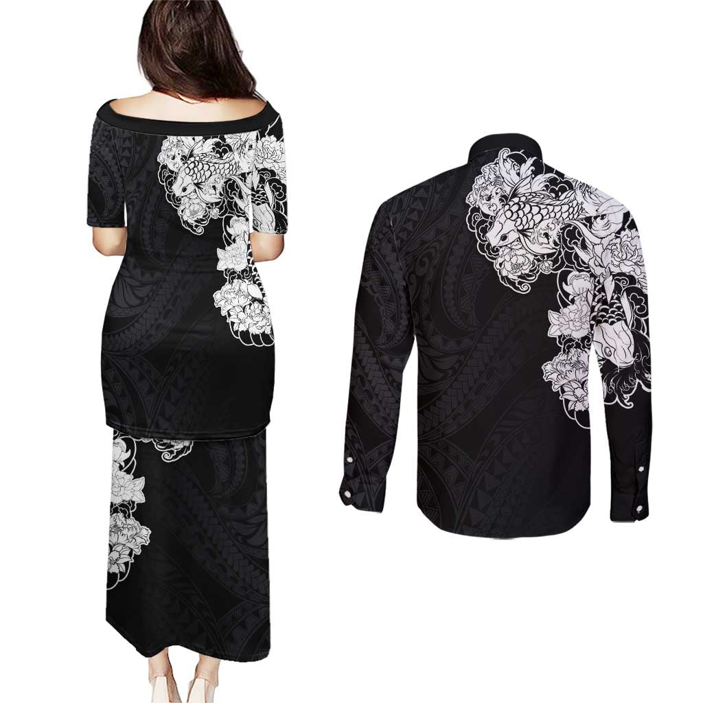 Hawaiian and Japanese Together Couples Matching Puletasi and Long Sleeve Button Shirt Japanese Koi Fish Tattoo and Kakau Pattern Black Color LT03 - Polynesian Pride