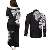 Hawaiian and Japanese Together Couples Matching Puletasi and Long Sleeve Button Shirt Japanese Koi Fish Tattoo and Kakau Pattern Black Color LT03 - Polynesian Pride
