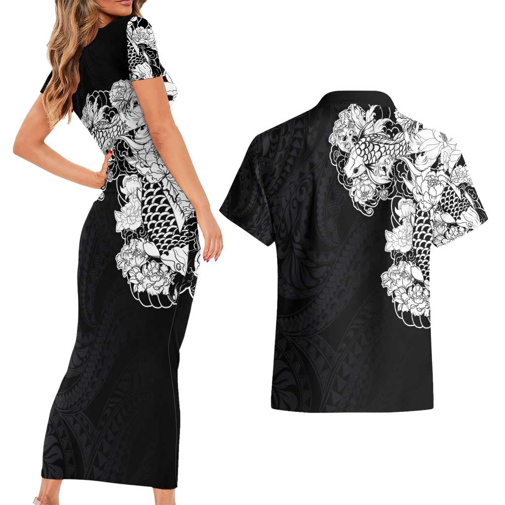 Hawaiian and Japanese Together Couples Matching Short Sleeve Bodycon Dress and Hawaiian Shirt Japanese Koi Fish Tattoo and Kakau Pattern Black Color LT03 - Polynesian Pride