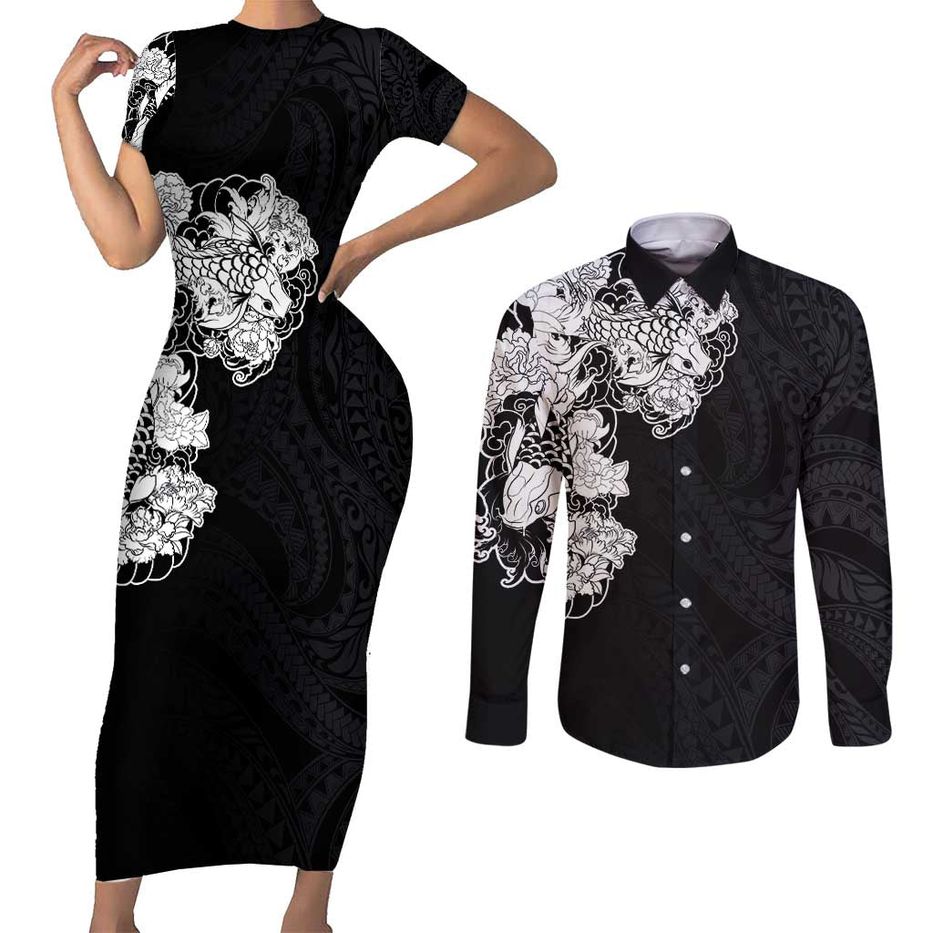 Hawaiian and Japanese Together Couples Matching Short Sleeve Bodycon Dress and Long Sleeve Button Shirt Japanese Koi Fish Tattoo and Kakau Pattern Black Color