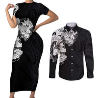 Hawaiian and Japanese Together Couples Matching Short Sleeve Bodycon Dress and Long Sleeve Button Shirt Japanese Koi Fish Tattoo and Kakau Pattern Black Color