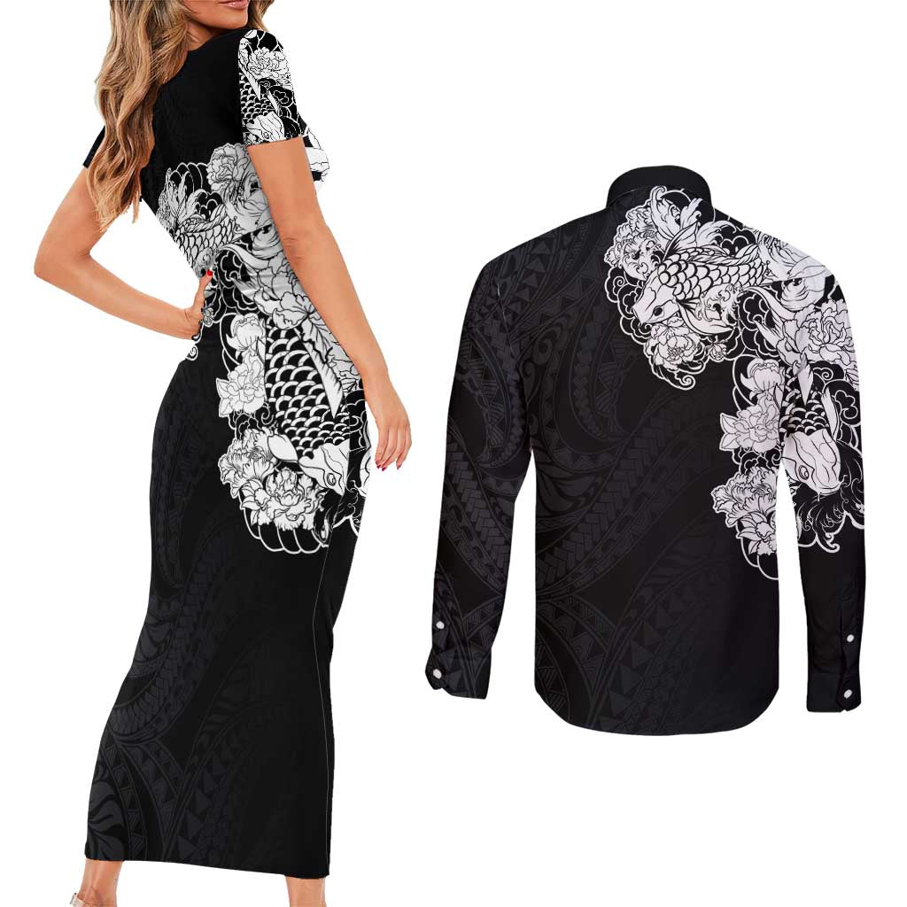 Hawaiian and Japanese Together Couples Matching Short Sleeve Bodycon Dress and Long Sleeve Button Shirt Japanese Koi Fish Tattoo and Kakau Pattern Black Color