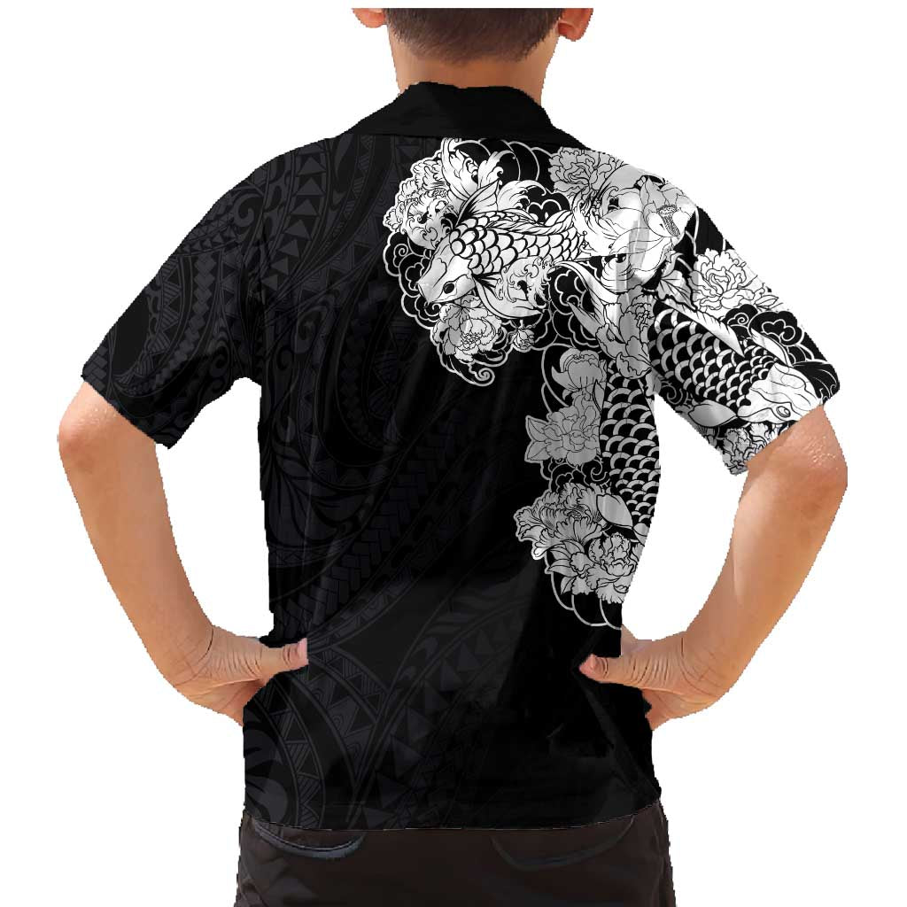 Hawaiian and Japanese Together Family Matching Mermaid Dress and Hawaiian Shirt Japanese Koi Fish Tattoo and Kakau Pattern Black Color LT03 - Polynesian Pride