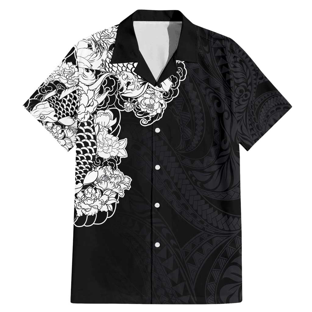 Hawaiian and Japanese Together Family Matching Mermaid Dress and Hawaiian Shirt Japanese Koi Fish Tattoo and Kakau Pattern Black Color LT03 Dad's Shirt - Short Sleeve Black - Polynesian Pride