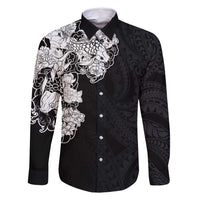 Hawaiian and Japanese Together Family Matching Mermaid Dress and Hawaiian Shirt Japanese Koi Fish Tattoo and Kakau Pattern Black Color LT03 Dad's Shirt - Long Sleeve Black - Polynesian Pride
