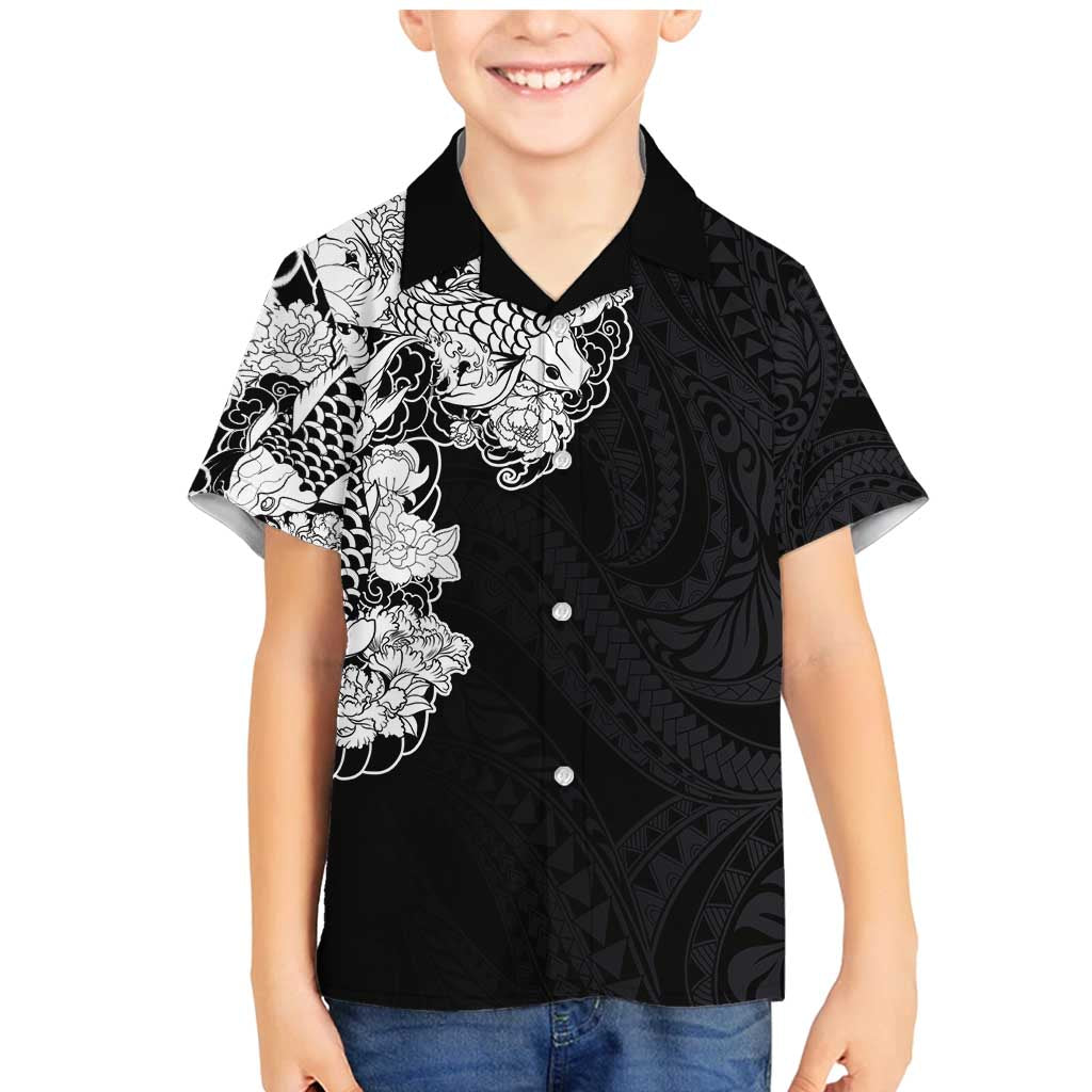 Hawaiian and Japanese Together Family Matching Mermaid Dress and Hawaiian Shirt Japanese Koi Fish Tattoo and Kakau Pattern Black Color LT03 Son's Shirt Black - Polynesian Pride