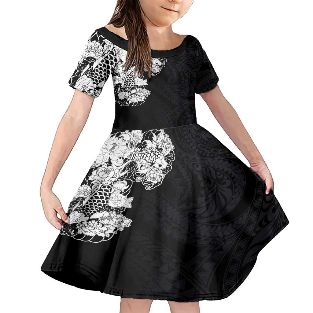 Hawaiian and Japanese Together Family Matching Off Shoulder Maxi Dress and Hawaiian Shirt Japanese Koi Fish Tattoo and Kakau Pattern Black Color LT03 Daughter's Dress Black - Polynesian Pride