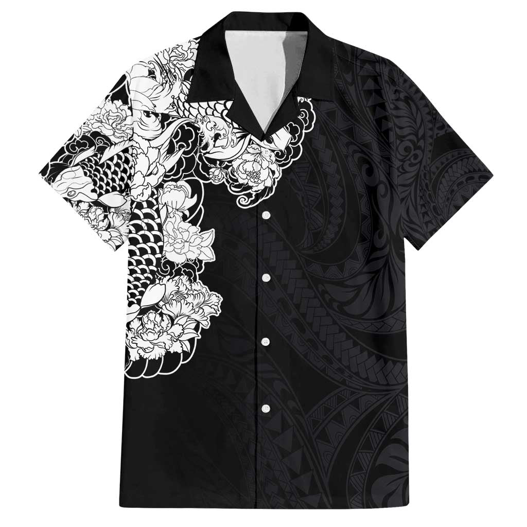 Hawaiian and Japanese Together Family Matching Off Shoulder Maxi Dress and Hawaiian Shirt Japanese Koi Fish Tattoo and Kakau Pattern Black Color LT03 Dad's Shirt - Short Sleeve Black - Polynesian Pride
