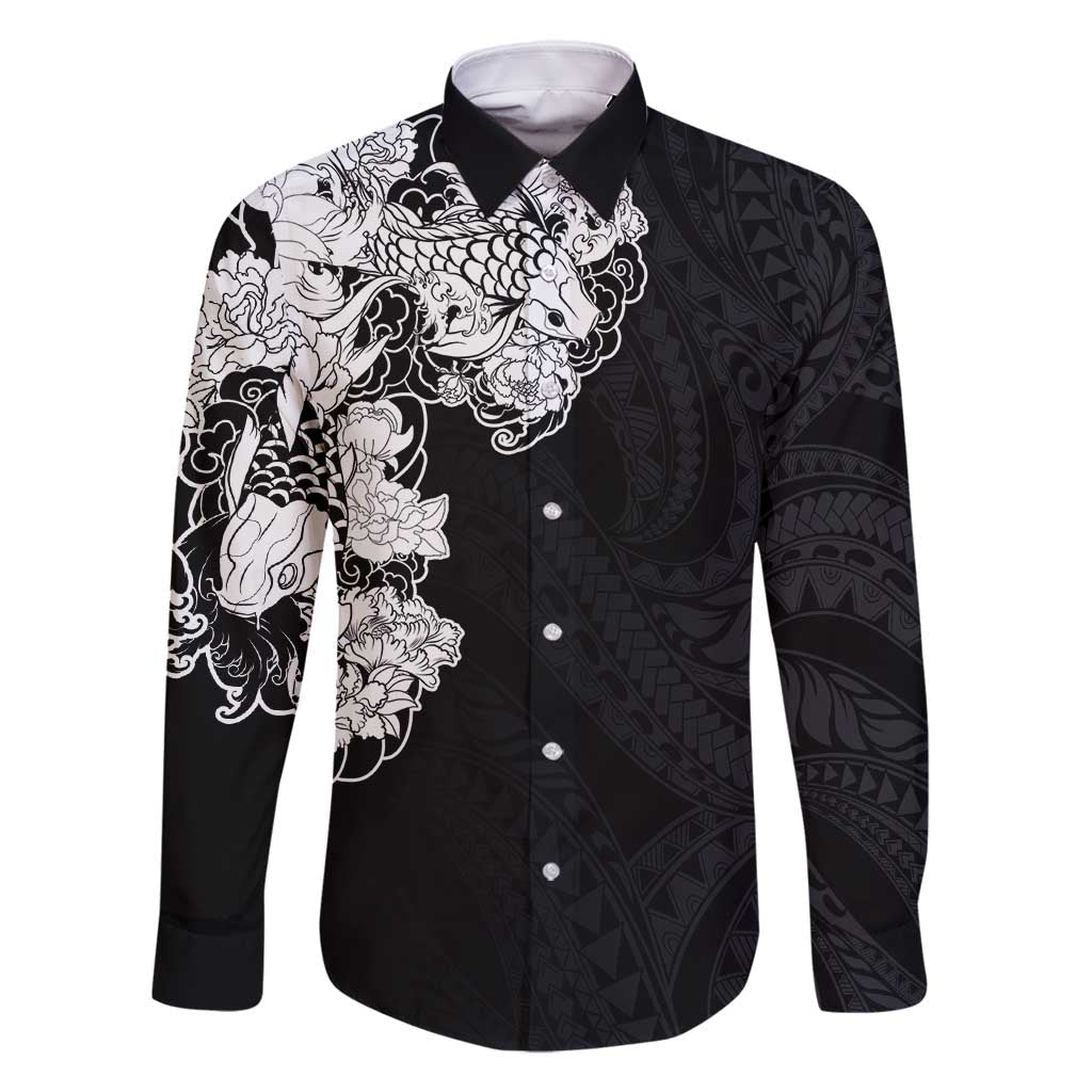 Hawaiian and Japanese Together Family Matching Off Shoulder Maxi Dress and Hawaiian Shirt Japanese Koi Fish Tattoo and Kakau Pattern Black Color LT03 Dad's Shirt - Long Sleeve Black - Polynesian Pride