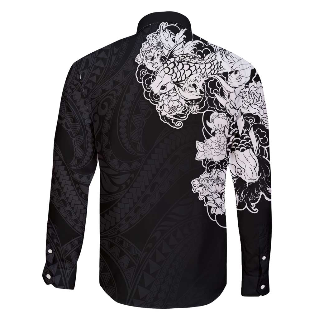 Hawaiian and Japanese Together Family Matching Off Shoulder Maxi Dress and Hawaiian Shirt Japanese Koi Fish Tattoo and Kakau Pattern Black Color LT03 - Polynesian Pride