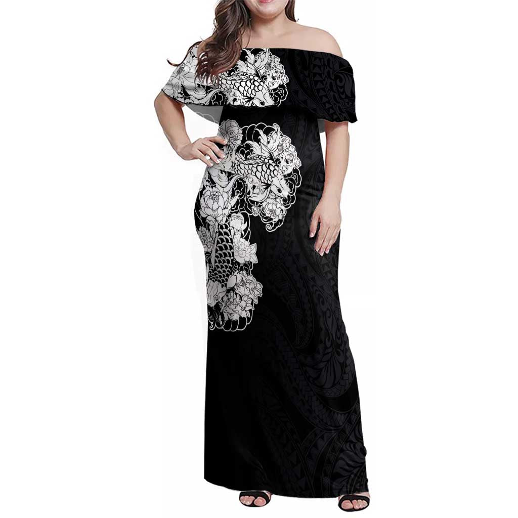 Hawaiian and Japanese Together Family Matching Off Shoulder Maxi Dress and Hawaiian Shirt Japanese Koi Fish Tattoo and Kakau Pattern Black Color LT03 Mom's Dress Black - Polynesian Pride