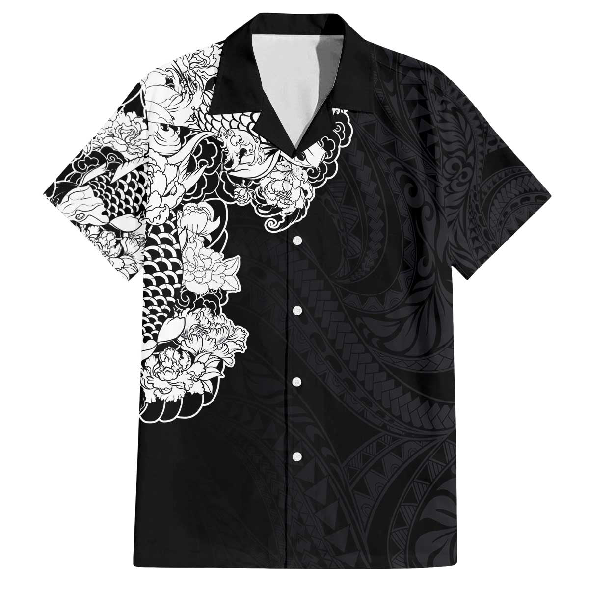 Hawaiian and Japanese Together Family Matching Puletasi and Hawaiian Shirt Japanese Koi Fish Tattoo and Kakau Pattern Black Color LT03 Dad's Shirt - Short Sleeve Black - Polynesian Pride