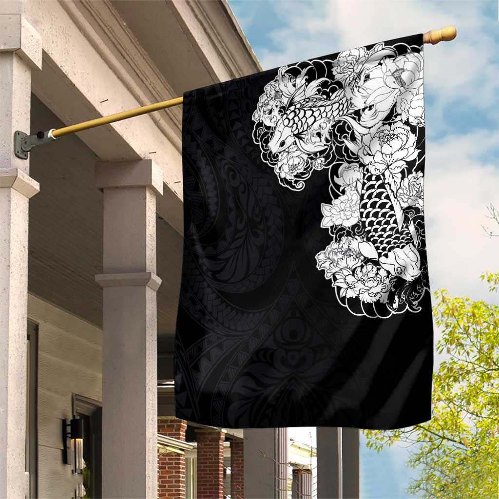 Hawaiian and Japanese Together Garden Flag Japanese Koi Fish Tattoo and Kakau Pattern Black Color LT03 House Flag Black - Polynesian Pride