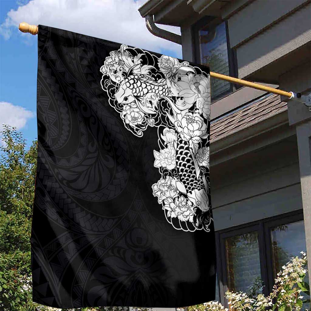 Hawaiian and Japanese Together Garden Flag Japanese Koi Fish Tattoo and Kakau Pattern Black Color LT03 - Polynesian Pride
