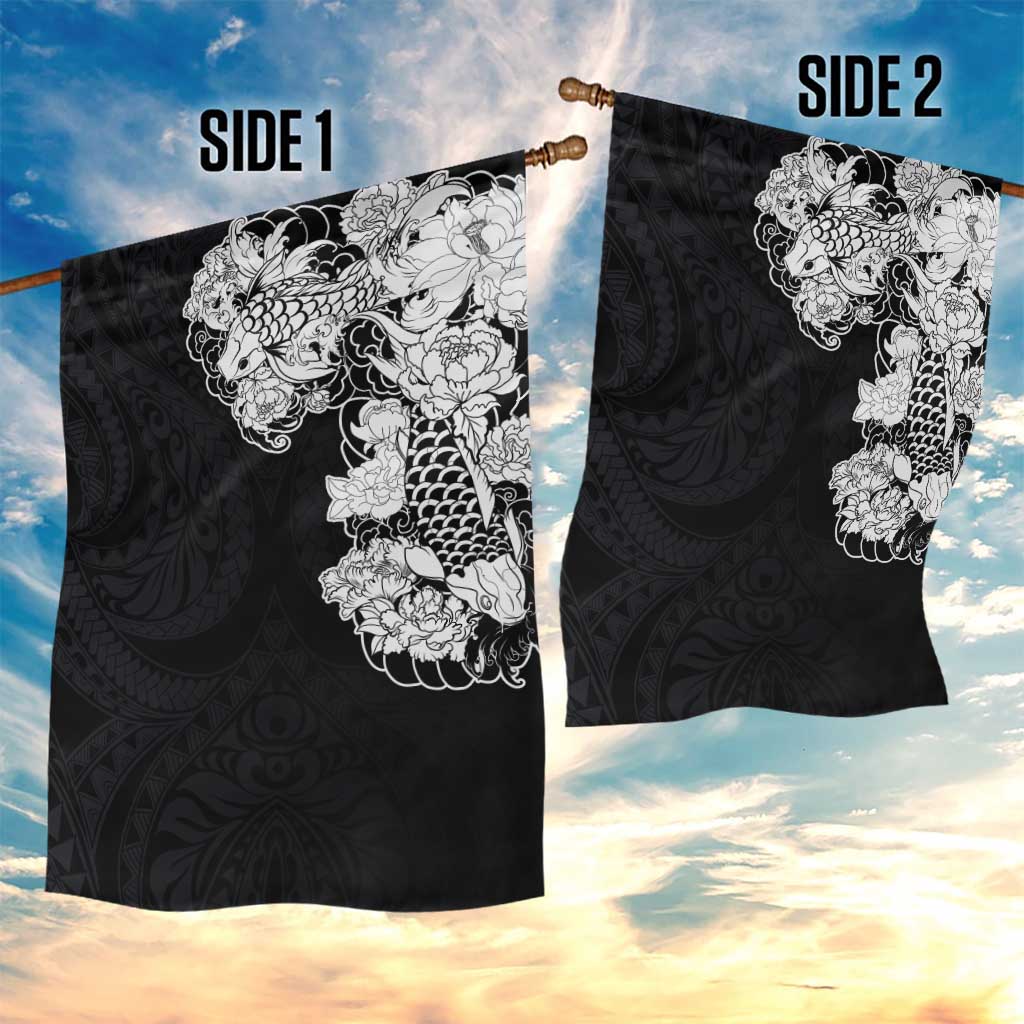 Hawaiian and Japanese Together Garden Flag Japanese Koi Fish Tattoo and Kakau Pattern Black Color LT03 - Polynesian Pride