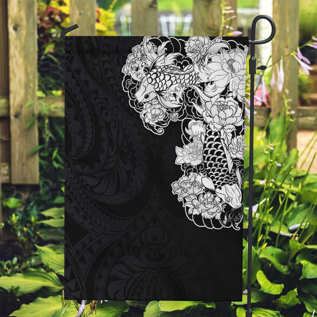 Hawaiian and Japanese Together Garden Flag Japanese Koi Fish Tattoo and Kakau Pattern Black Color LT03 Garden Flag Black - Polynesian Pride