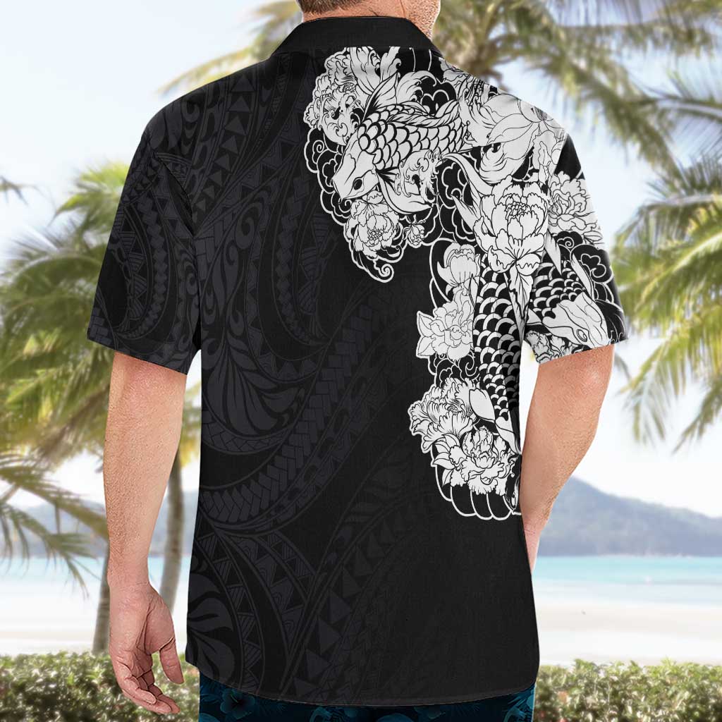 Hawaiian and Japanese Together Hawaiian Shirt Japanese Koi Fish Tattoo and Kakau Pattern Black Color LT03 - Polynesian Pride