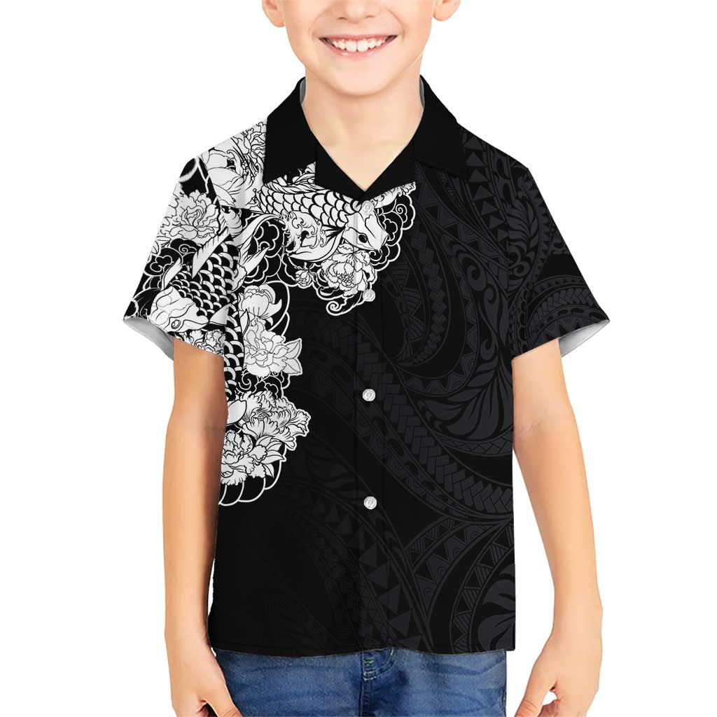 Hawaiian and Japanese Together Hawaiian Shirt Japanese Koi Fish Tattoo and Kakau Pattern Black Color LT03 - Polynesian Pride