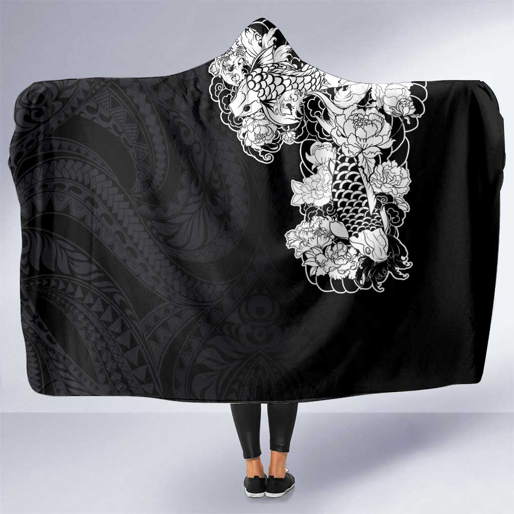 Hawaiian and Japanese Together Hooded Blanket Japanese Koi Fish Tattoo and Kakau Pattern Black Color LT03 One Size Black - Polynesian Pride