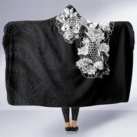 Hawaiian and Japanese Together Hooded Blanket Japanese Koi Fish Tattoo and Kakau Pattern Black Color LT03 One Size Black - Polynesian Pride