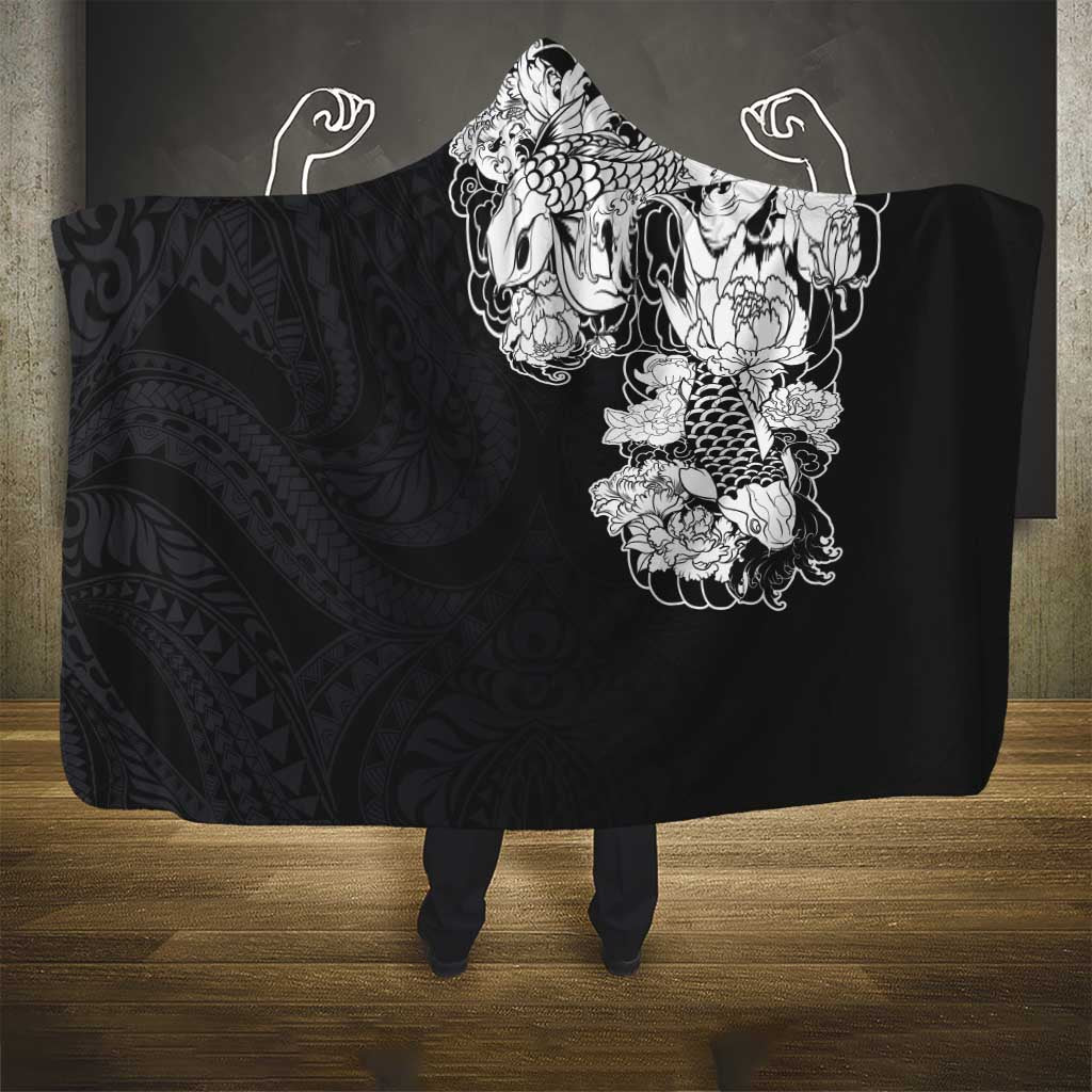 Hawaiian and Japanese Together Hooded Blanket Japanese Koi Fish Tattoo and Kakau Pattern Black Color LT03 - Polynesian Pride