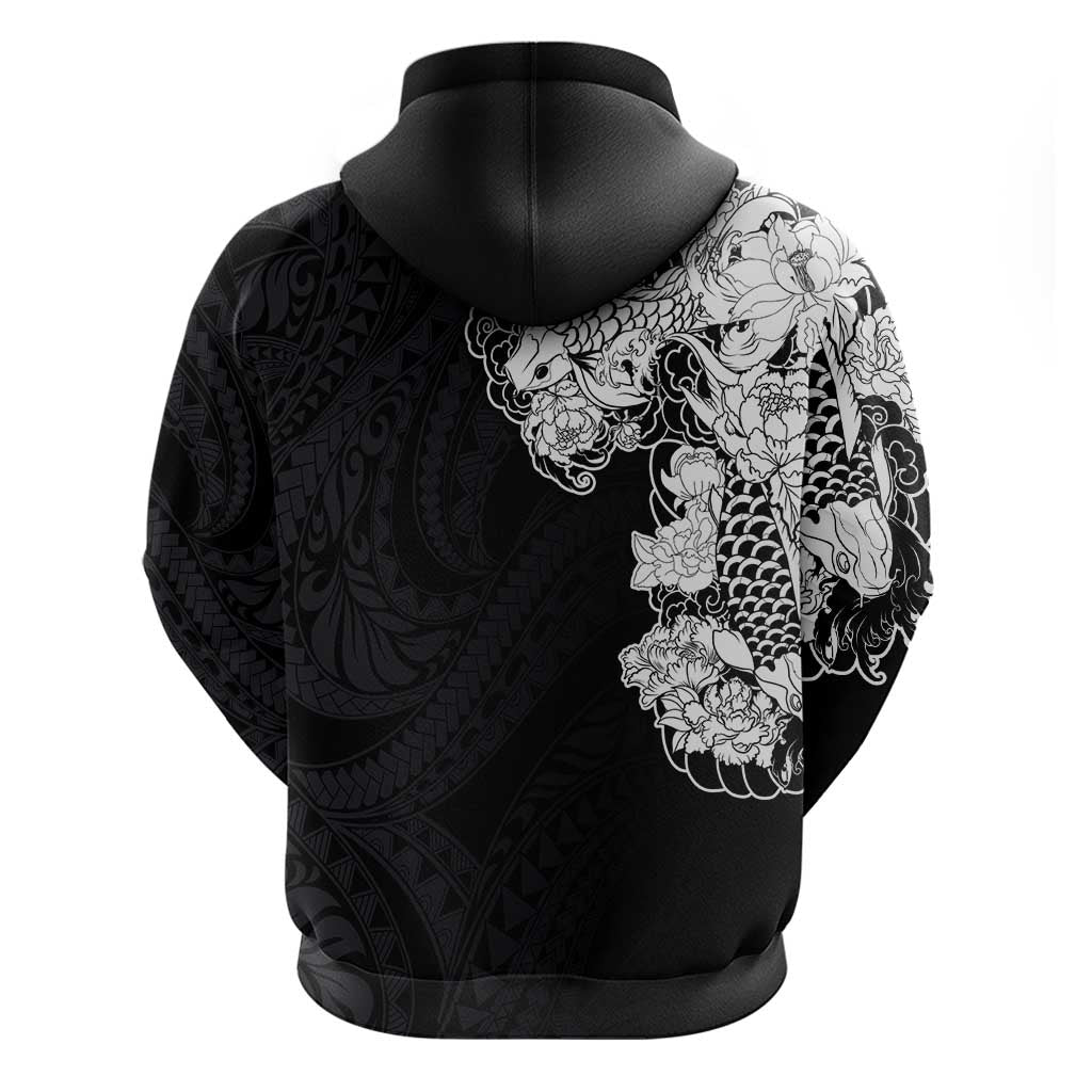 Hawaiian and Japanese Together Hoodie Japanese Koi Fish Tattoo and Kakau Pattern Black Color LT03 - Polynesian Pride