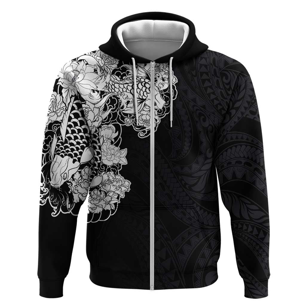 Hawaiian and Japanese Together Hoodie Japanese Koi Fish Tattoo and Kakau Pattern Black Color LT03 Zip Hoodie Black - Polynesian Pride