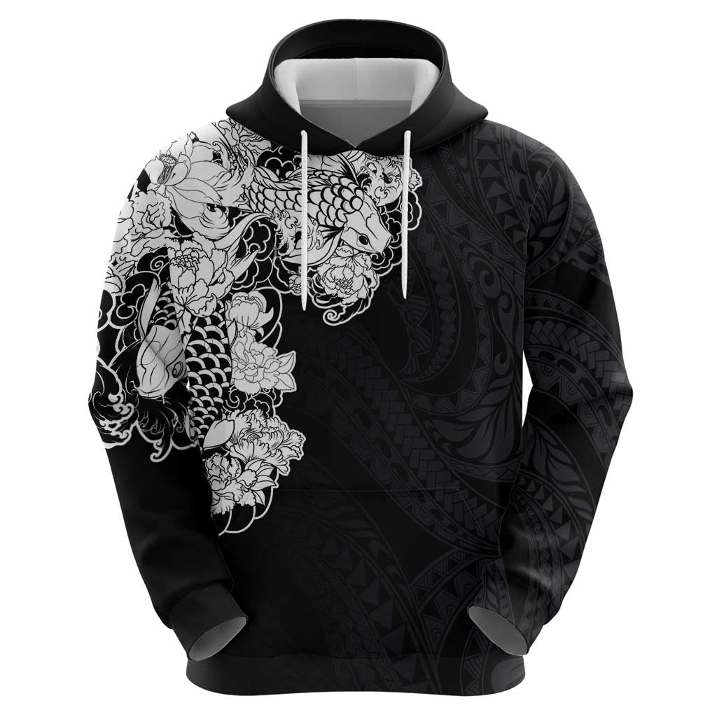 Hawaiian and Japanese Together Hoodie Japanese Koi Fish Tattoo and Kakau Pattern Black Color LT03 - Polynesian Pride