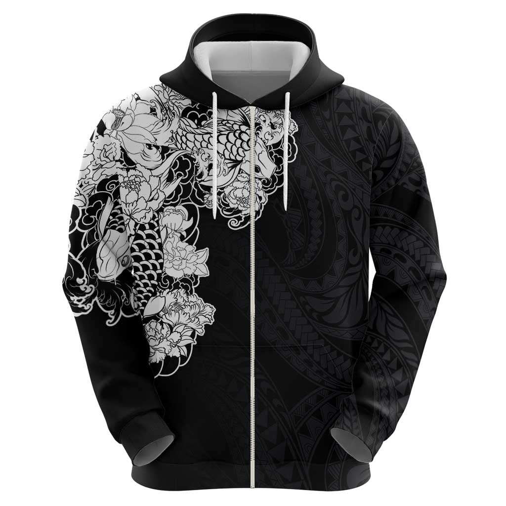 Hawaiian and Japanese Together Hoodie Japanese Koi Fish Tattoo and Kakau Pattern Black Color LT03 - Polynesian Pride