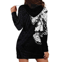 Hawaiian and Japanese Together Hoodie Dress Japanese Koi Fish Tattoo and Kakau Pattern Black Color LT03 - Polynesian Pride