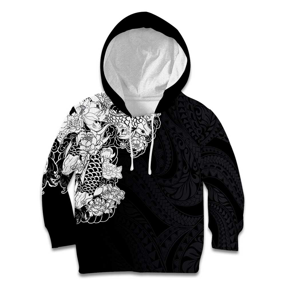 Hawaiian and Japanese Together Kid Hoodie Japanese Koi Fish Tattoo and Kakau Pattern Black Color LT03 Hoodie Black - Polynesian Pride