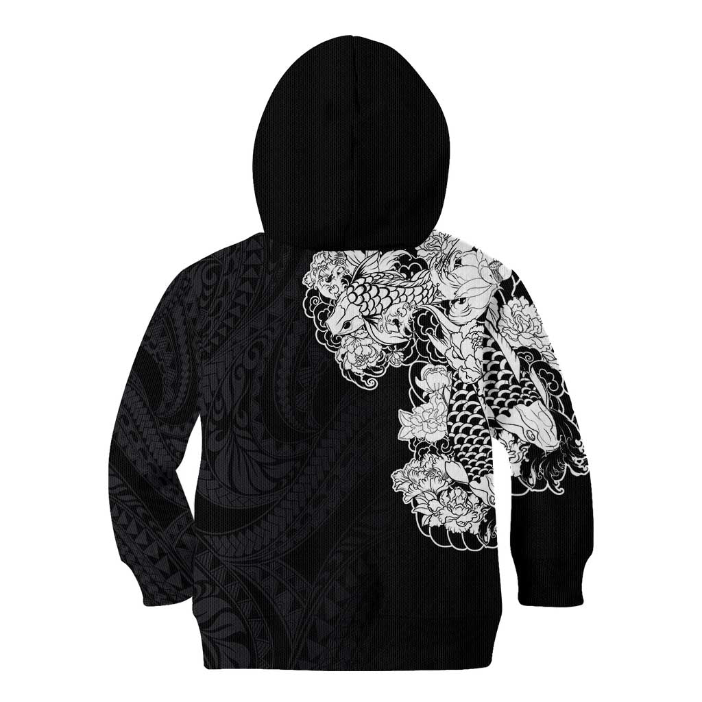 Hawaiian and Japanese Together Kid Hoodie Japanese Koi Fish Tattoo and Kakau Pattern Black Color LT03 - Polynesian Pride