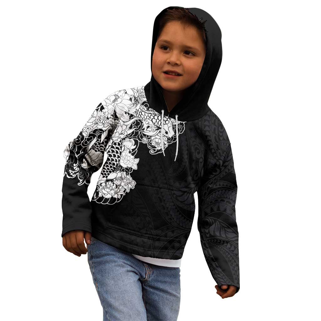 Hawaiian and Japanese Together Kid Hoodie Japanese Koi Fish Tattoo and Kakau Pattern Black Color LT03 - Polynesian Pride