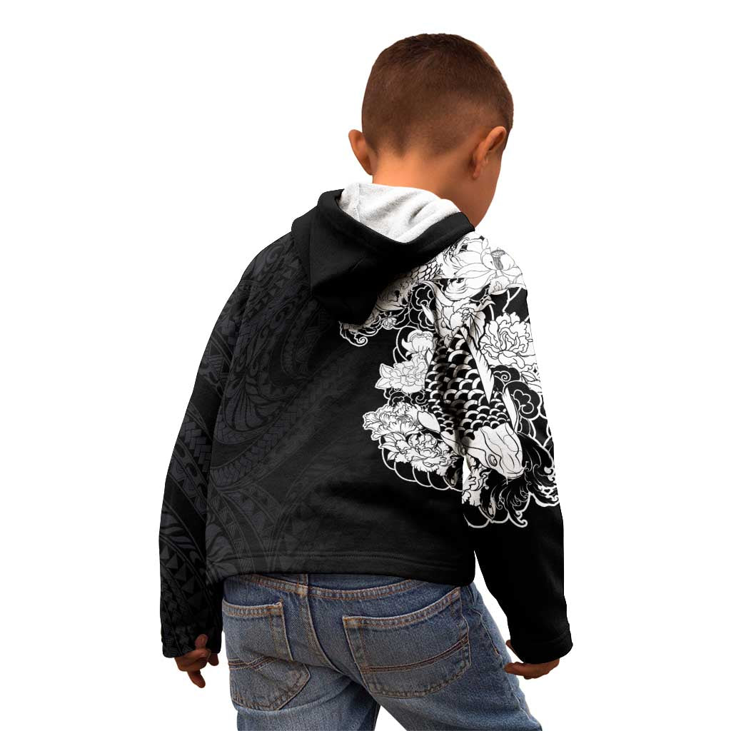 Hawaiian and Japanese Together Kid Hoodie Japanese Koi Fish Tattoo and Kakau Pattern Black Color LT03 - Polynesian Pride