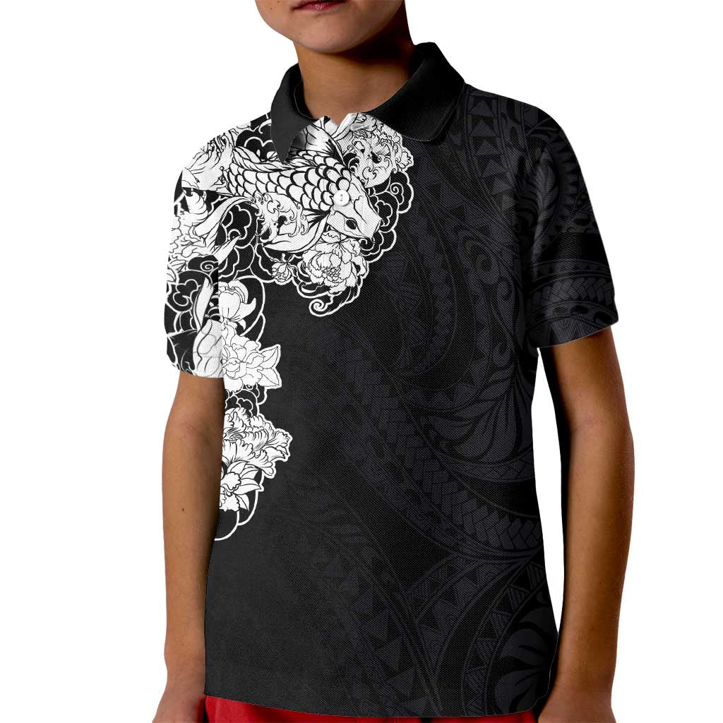 Hawaiian and Japanese Together Kid Polo Shirt Japanese Koi Fish Tattoo and Kakau Pattern Black Color LT03 Kid Black - Polynesian Pride